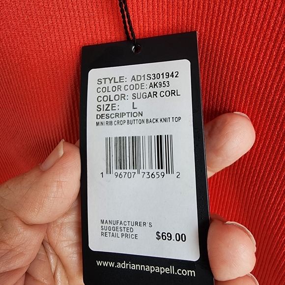 NWT Adrianna Papell Mini Rib Crop Button Back Knit Top Coral Sz L - Picture 6 of 9